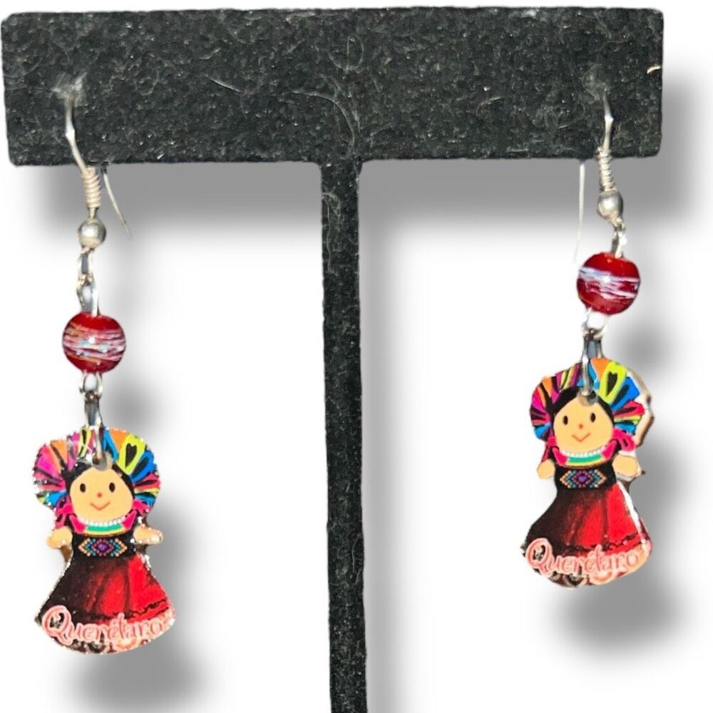 Queretaro Mexico Lele Doll Dangle Earrings Red Bead Folk Art 1 7/8 Inch
